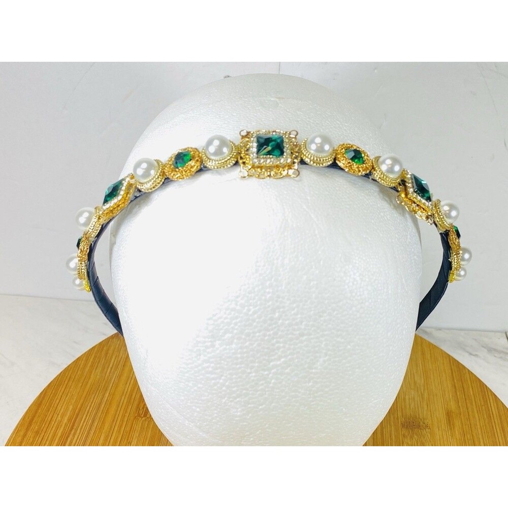 Single Row Gold, Pearl & Emerald Green Rhinestone Embellished Headband - NEW
